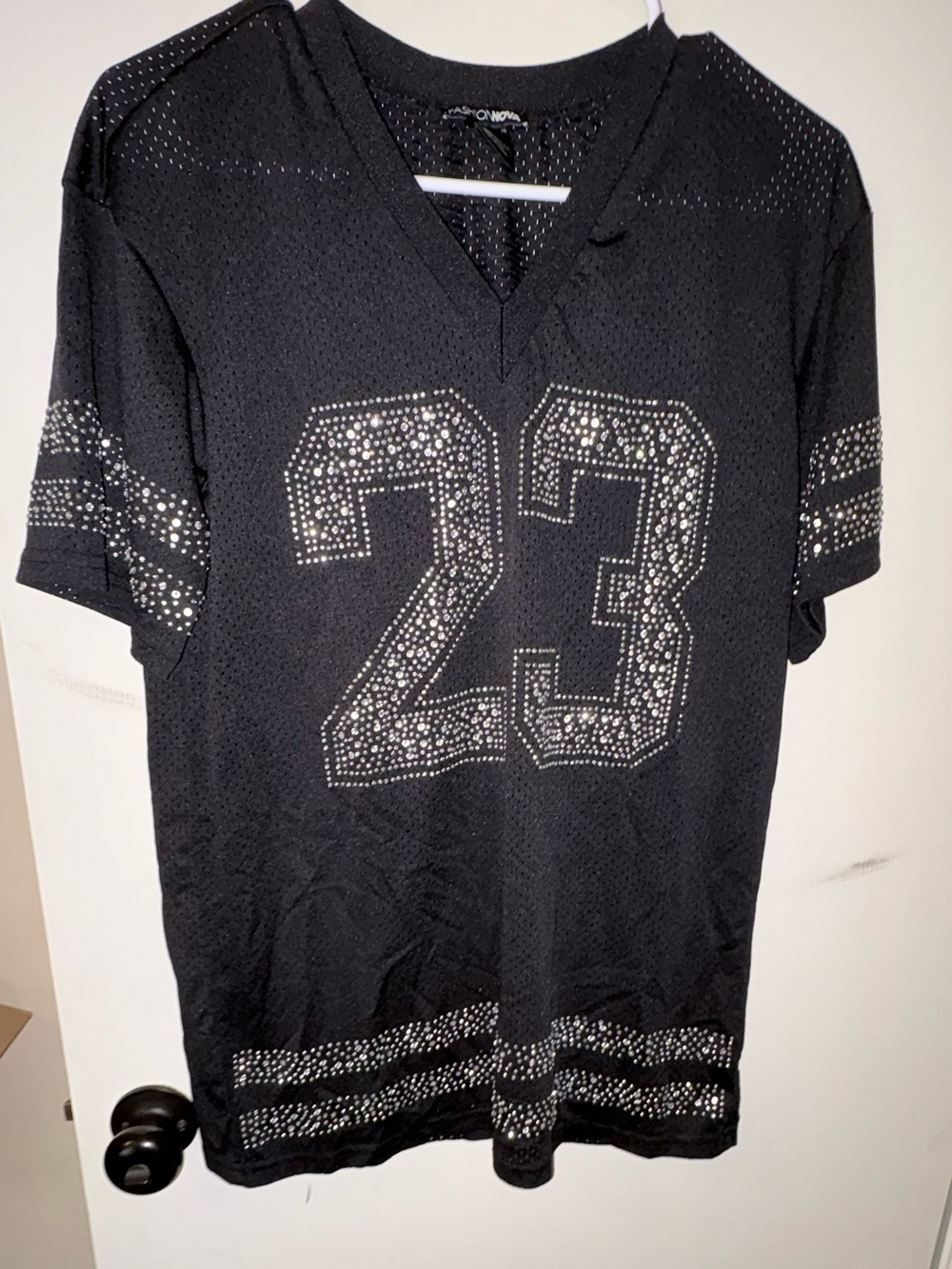 Women’s Black Rhinestone '23' Mesh Jersey - Fashion Top